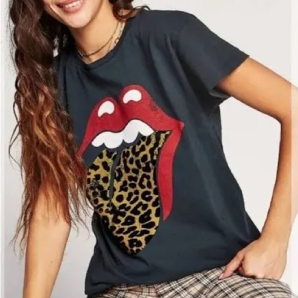 Free People Black Graphic Tee with Red Lips and Leopard Tongue